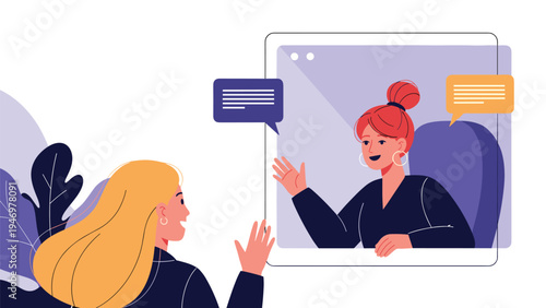 Two business women communicating through a video conference call on a tablet screen with speech bubbles in a modern office.