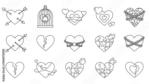 Comprehensive collection of various heart icons depicting themes of love heartbreak entrapment and connection in black and white line art.