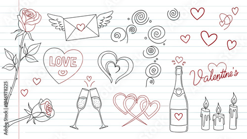 Variety of romantic Valentine's Day sketches including roses hearts champagne and candles on a sheet of lined notebook paper.