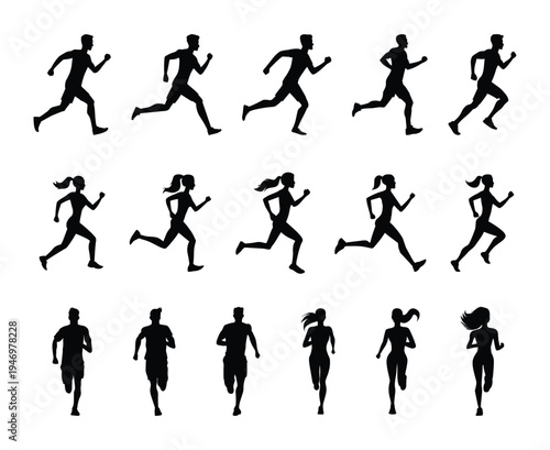Silhouettes of men and women running different positions