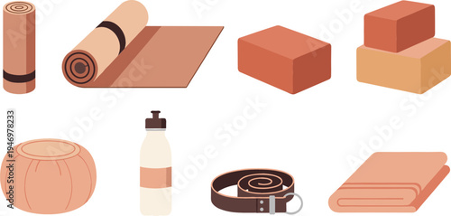 Yoga accessories collection with mat blocks strap cushion water bottle and towel wellness fitness equipment flat vector illustration set