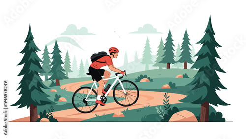 Active man riding a bicycle on a winding dirt path through a pine forest with mountains in the background during daytime.