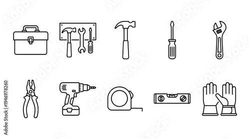 A clean, minimalist illustration featuring line art icons of essential tools and equipment including a toolbox, hammers, wrenches, screwdriver, and gloves.