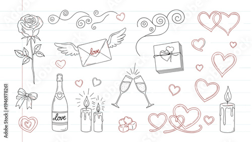 Hand drawn romantic elements like hearts roses wine glasses and candles sketched on a piece of white lined notebook paper.