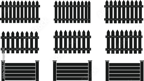 Set of black wooden fence silhouettes and garden picket boundary icons isolated on white background for landscape design architectural plans and backyard property security