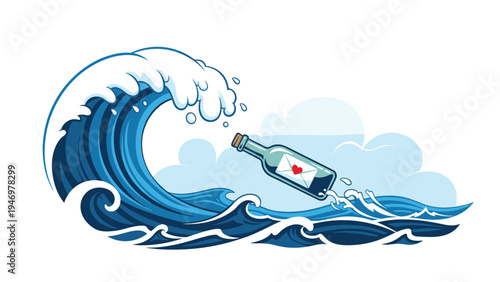 Message in a glass bottle with a heart on the letter floating inside a large crashing ocean wave under a cloudy sky.