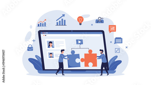 Two professionals working together to connect giant puzzle pieces in front of a laptop showing data and user profiles.