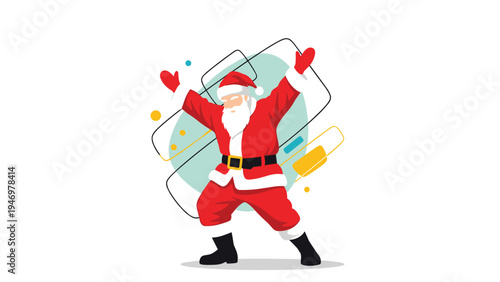 Jolly Santa Claus in his traditional red suit dancing and celebrating with his arms raised against a graphic background.