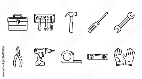 This is a clean and simple line art illustration featuring a collection of essential construction and repair tools.
