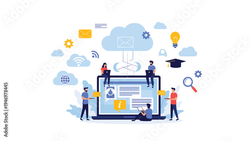 Diverse team of digital specialists interacting with various cloud services data storage and online education icons.