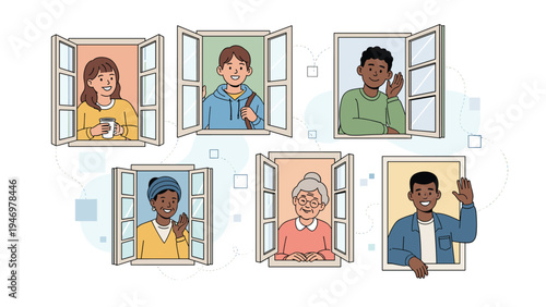 Group of diverse people of different ages and ethnicities looking out of their open apartment windows and waving.