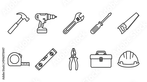 A collection of professional line art icons depicting various construction and DIY tools on a clean white background, perfect for design projects.