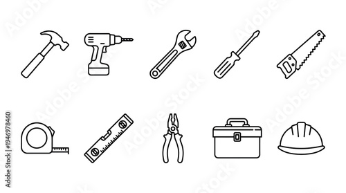Collection of simple line art icons representing various construction and DIY tools set against a clean white background for versatile use.