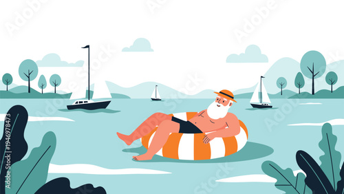 Elderly man with white beard relaxing on orange and white inflatable ring in the sea, with sailboats and green hills in background.