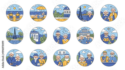 Set of circular icons depicting various activities and travel destinations for senior couples, including beach trips and city sightseeing.