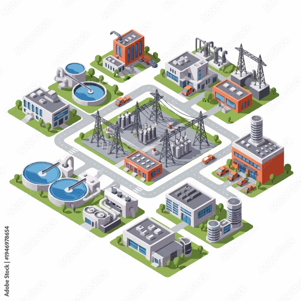 Obraz premium Isometric City Infrastructure Network with Power Plants and Water Treatment Facilities.