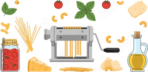 Italian pasta making ingredients and pasta machine with spaghetti tomatoes cheese olive oil and basil cooking concept flat vector illustration