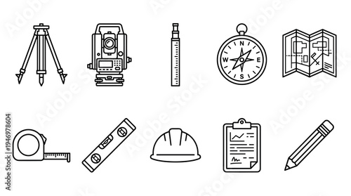 A clean, modern icon set featuring surveying and construction tools including a theodolite, tripod, compass, level, and tape measure, perfect for professional and technical use.
