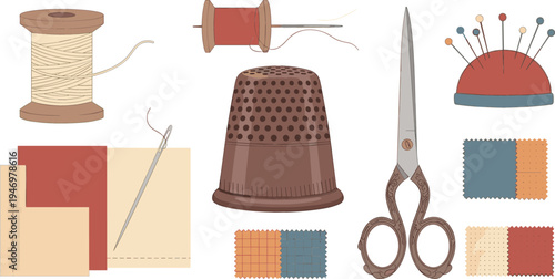 Sewing and tailoring tools set with thread spools needle thimble scissors pincushion fabric samples craft flat vector illustration