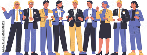 A group of diverse business professionals standing together in a line, showcasing a team or corporate environment with people, suits, office, work, and colleagues.