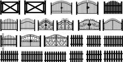 Set of Decorative Wrought Iron Gates and Wooden Picket Fence Silhouette Vector Icons Isolated on White Background for Residential Security and Garden Landscape Design Projects