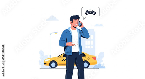 Man Talking on Phone Next to Yellow Taxi.