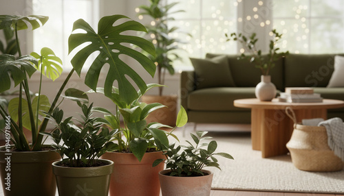 interior of living room with plant, Cozy Holiday Element with Blurred Warm Living Room Background - Festive Season, Christmas Decor, Winter Comfort, Home Celebration