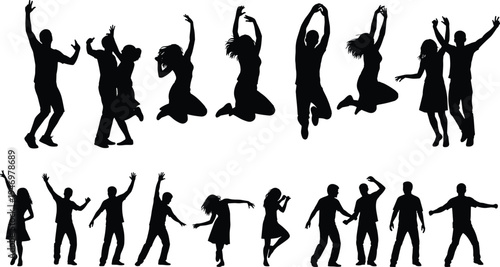 Set of Happy People Silhouettes Jumping and Dancing in Celebration Isolated on White Background Vector Illustration for Party Event Music Festival and Lifestyle Design