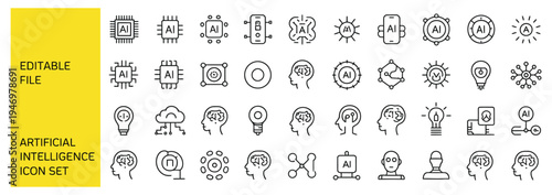 Collection of AI icons: brains, chips, robots, and data networks for technology