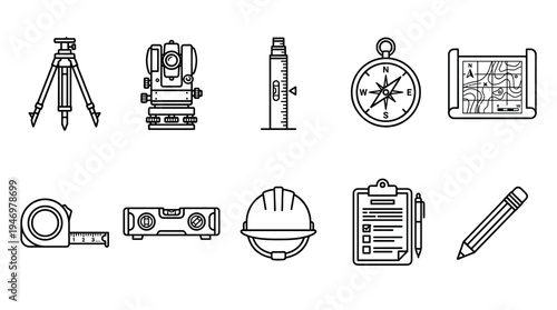 A collection of flat line icons representing various surveying and construction tools, ideal for technical or planning related designs.