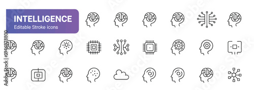Editable stroke icons for intelligence, featuring human brains and circuit board elements.