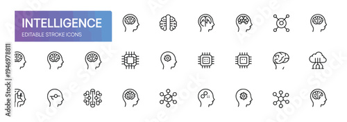 Editable stroke icons for intelligence, showcasing brains, circuits, and network connections.