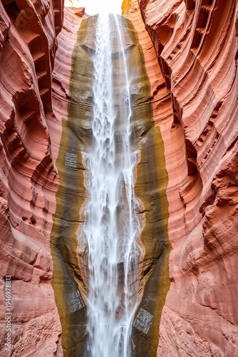 Waterfall cascading down red rock canyon in natural sunlight,  detailed textures, natural earth tones, browns and beiges