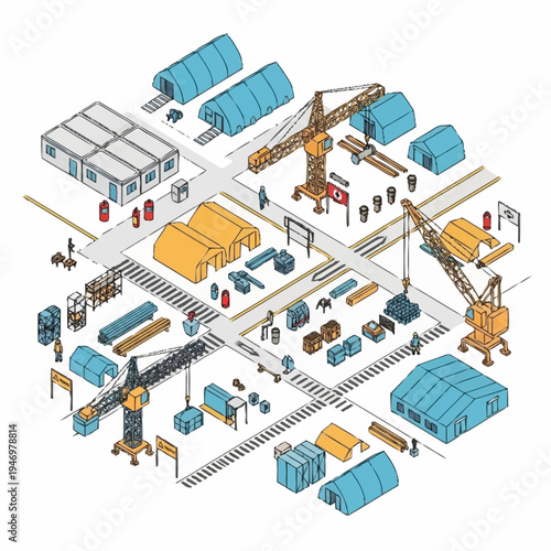 Isometric illustration of a construction site with various temporary structures and heavy machinery.