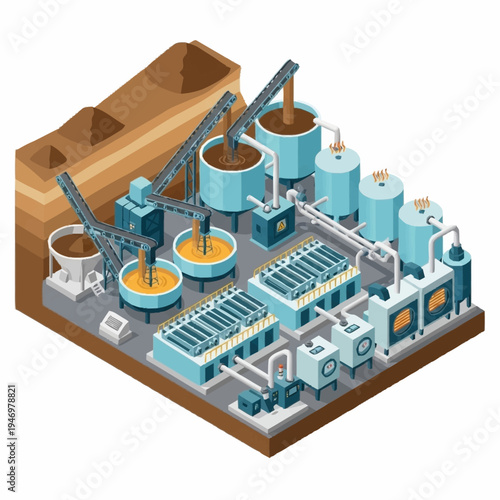 Isometric illustration of a detailed industrial chocolate production factory.