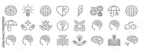 Collection of line icons representing concepts of brain, ideas, and problem-solving.