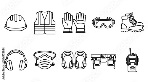 A collection of black and white line art icons representing essential construction safety equipment, ideal for illustrating worker protection and industrial topics.
