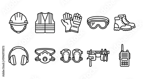 A clean line art illustration showcasing essential personal protective equipment and tools for construction work, suitable for safety guides and industry concepts.