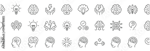 Diverse line icons illustrating brain activity, ideas, and mental processes.