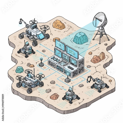 Isometric illustration of a futuristic robotic space exploration base on an alien planet.