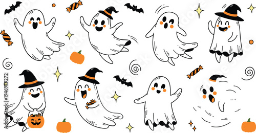 Cute Halloween ghost characters with witch hats pumpkins bats and candy spooky kawaii cartoon collection festive flat vector illustration