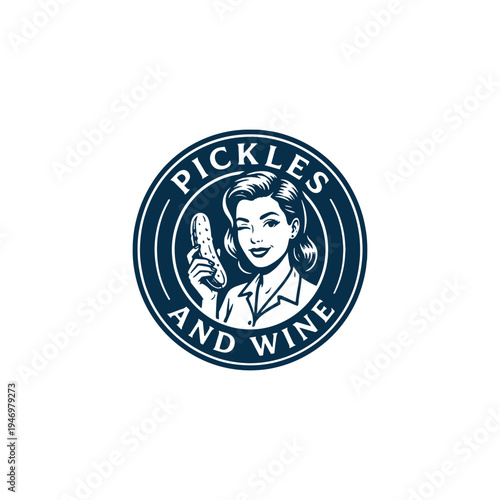 Vintage Pickles and Wine logo with classic lady illustration