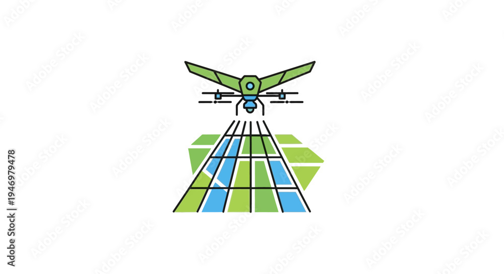 Obraz premium Green drone flying over solar panels.