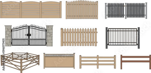 Vector set of various garden fence and gate designs featuring wooden picket panels, wrought iron entries, rustic ranch rails, and modern metal security fencing options.