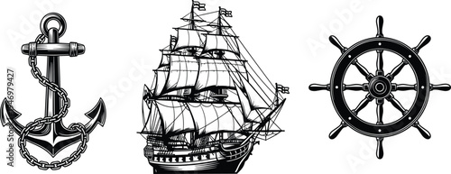 Vintage nautical maritime collection featuring detailed black ink illustrations of an anchor with chain sailing ship and ships wheel isolated on a white background.