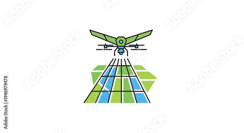 Green drone flying over solar panels.