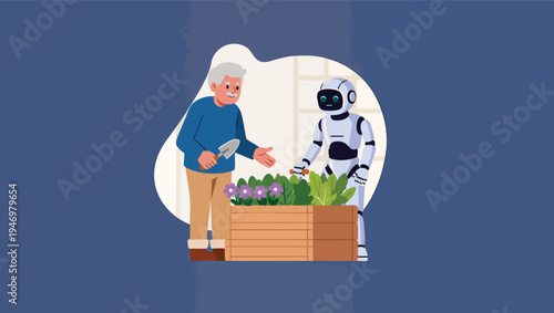 Elderly man and robot tending to a garden together with a trowel and plants gardening android.
