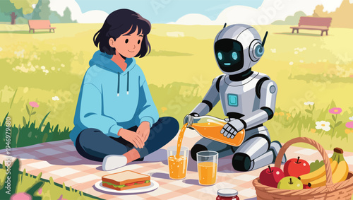 Girl and robot enjoying a picnic in a sunny park with juice and sandwiches android child.