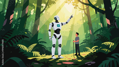 Human and advanced robot exploring a lush green forest with sunlight filtering through trees nature.