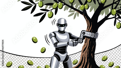 Robot harvesting olives from an olive tree with a remote control and olives falling into a net android.
